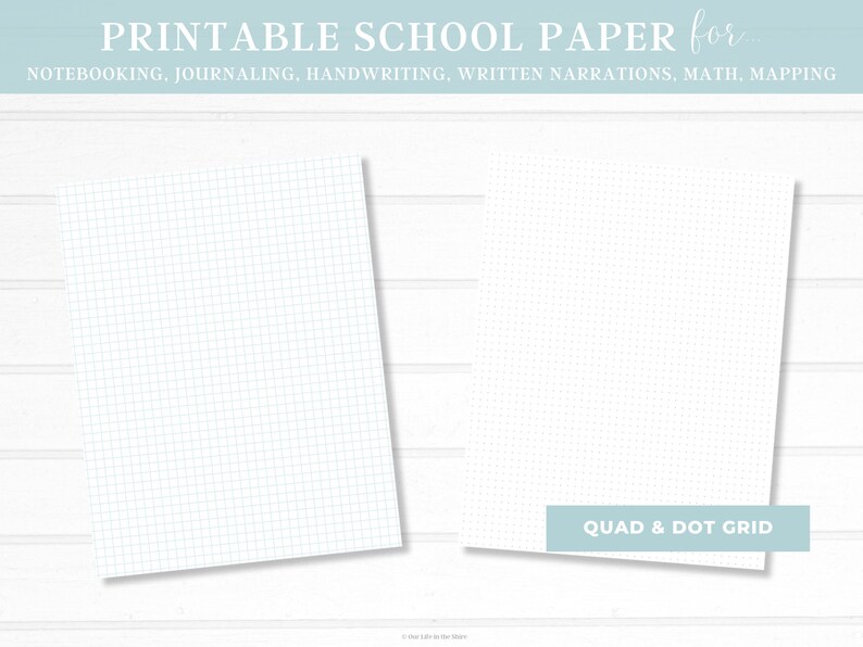May include: Two printable school paper templates. The left template is a grid paper with light blue lines. The right template is a quad and dot grid paper with white dots on a white background. The text "QUAD & DOT GRID" is at the bottom of the right template.