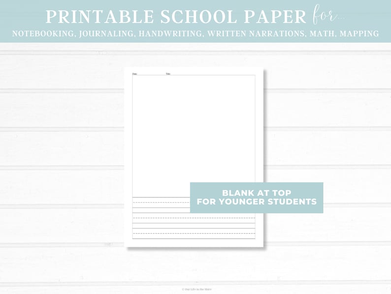 May include: Printable school paper with a blank space at the top for younger students. The paper has lines at the bottom for writing.