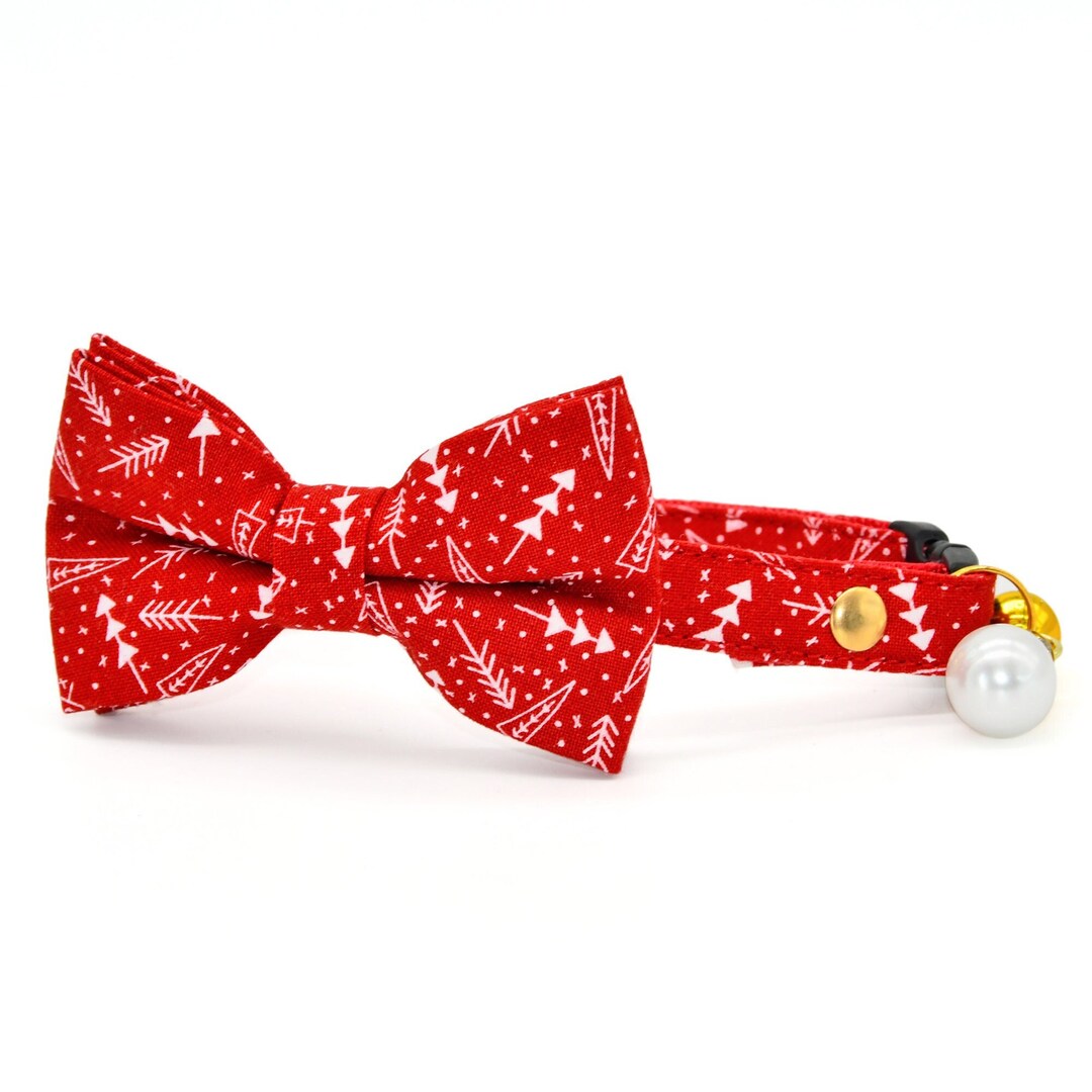 Red Cat Collar Bow Set, Christmas Tree Pattern, Wedding / Birthday Cat