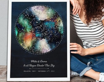 Anniversary Night Sky Print Birthday gifts for her Unique keepsake Print for Wedding or any event, constellation Star map Gift for Boyfriend