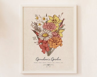Grandma&#39;s Garden Christmas Gift For Grandmother | Personalized Family Gift For Grandparents | Custom Grandkids Birthday Month Flowers Print