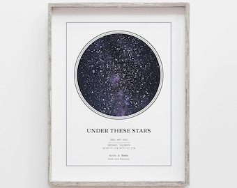 May include: A framed print with a dark blue circle depicting a starry night sky. The text "UNDER THESE STARS" is at the top of the print, followed by the date "JULY 26th 2022", "CHICAGO, ILLINOIS", coordinates "41°49'57.1"N 87°37'37.5"W", "Aron & Emma", and "Love you Forever". The bottom of the print reads "STAR SERIES".