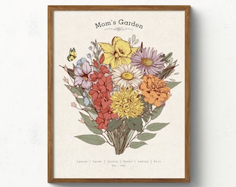 Pintura de ramo personalizado con impresión de flores de nacimiento, ramo de flores de nacimiento, impresión de arte de pared digital personalizada con flores del mes de nacimiento, regalo personalizado para mamá
