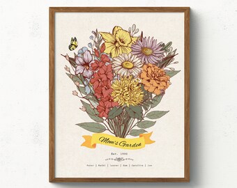 May include: A framed print with a floral bouquet of yellow, red, orange, and purple flowers. The bouquet is tied with a yellow ribbon with the text "Mom's Garden Est. 1990" and the names "Peter | Rachel | Lauren | Sam | Caroline | Joe".