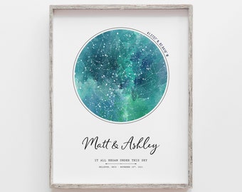 Aangepaste digitale nacht Hemel Sterren kaart print, speciale datum verjaardag cadeau voor hem, Constellation Star Kaart Poster, gepersonaliseerde bruiloft cadeau
