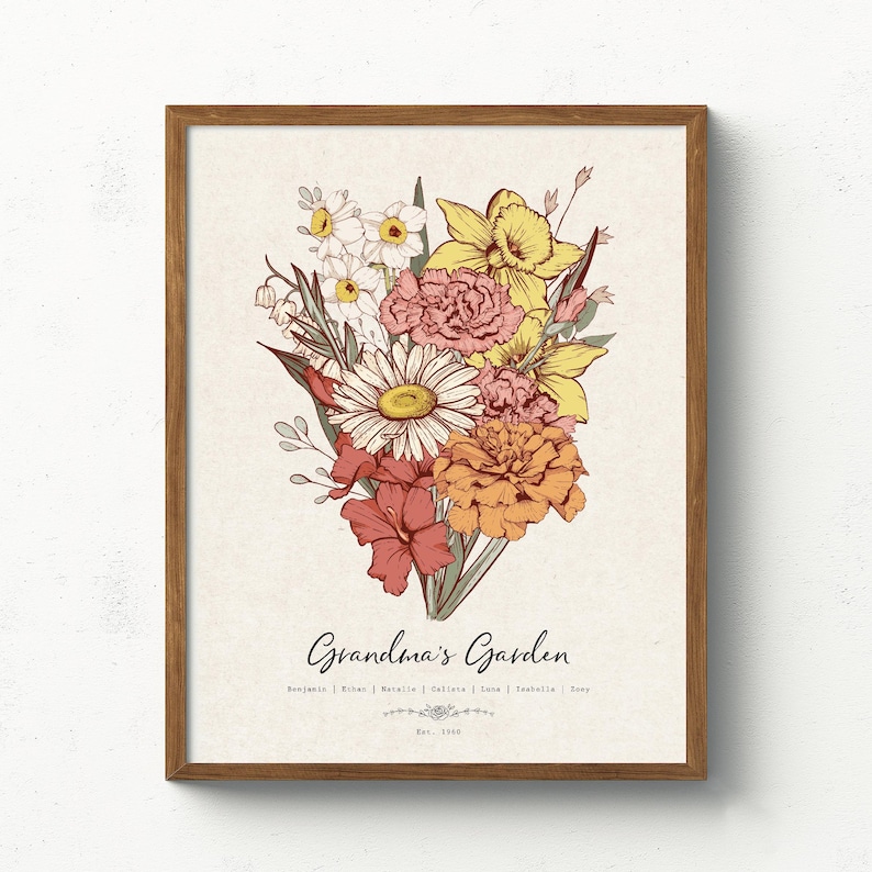 Puede incluir: Impresi&oacute;n enmarcada con una ilustraci&oacute;n floral vintage. El ramo incluye margaritas, claveles y narcisos en tonos amarillos, rosas, naranjas y rojos. El texto "Grandma's Garden" est&aacute; escrito debajo de las flores.