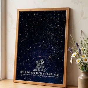 May include: A framed vertical print featuring a dark blue night sky filled with white star constellations. At the bottom, a white line drawing shows a person kneeling to propose to another. Text reads: THE NIGHT YOU ASKED & I SAID YES 37 46 26.3 N, 122 25 52.7 W - SAN FRANCISCO, CA - FEBRUARY 11, 2026.