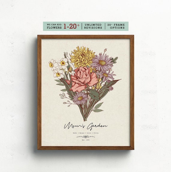 Birth Flower Bouquet | Personalized Gift Grandma's Birthday, Mom's Birthday Bloom Gift | Personalized Garden Print Birth Month Flower Art