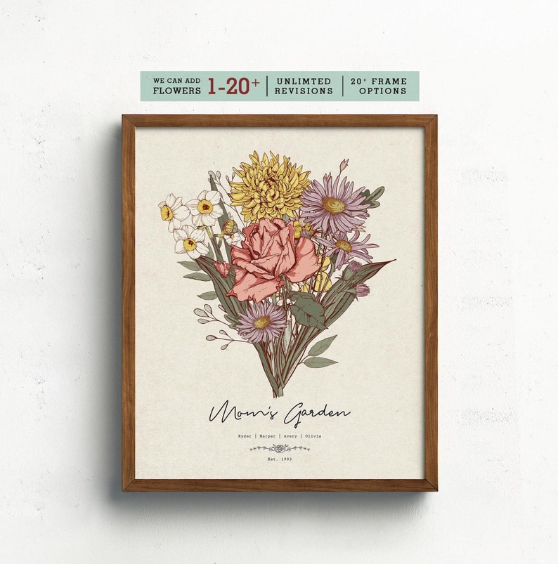 Puede incluir: Impresi&oacute;n floral enmarcada con un ramo de flores rosas, amarillas y moradas. La impresi&oacute;n incluye el texto "Mom's Garden" y los nombres de la familia. El marco de madera rodea la obra de arte. Un elemento decorativo.