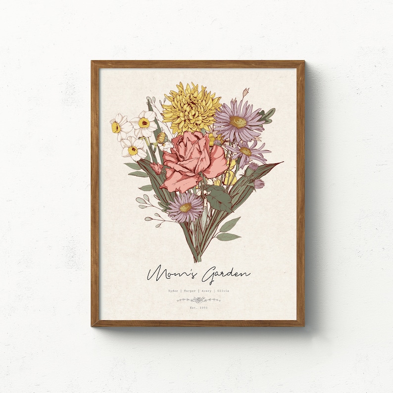 Puede incluir: Una impresi&oacute;n floral enmarcada con un ramo de flores rosas, amarillas y moradas. El texto "Mom's Garden" est&aacute; escrito en cursiva debajo de las flores, con nombres y el a&ntilde;o "Est. 1995" debajo.