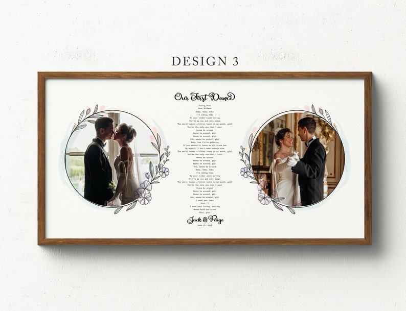 First Dance song lyric Gift for wedding and anniversary with custom photos. Its completely personalized unique wedding vows or song lyrics or any custom text, you can choose any fonts styles. This is a perfect framed wall art  print for new couple