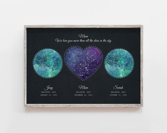 Birthday gift for mom, 3 location Custom star map, Personalized Gift for dad from daughter, Night sky print, Star Map chart, Christmas gift