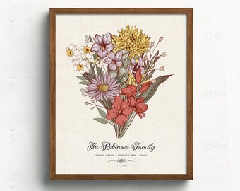 May include: A framed floral print with a bouquet of pink, red, yellow, and white flowers. The text "The Robinson Family" is at the bottom of the print.
