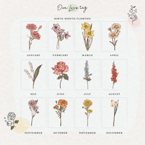 Puede incluir: Una impresi&oacute;n decorativa con flores de nacimiento. Cada mes est&aacute; representado por una ilustraci&oacute;n floral diferente, incluyendo claveles, violetas, narcisos, margaritas, lirios de los valles, rosas, delfinios, gladiolos, &aacute;steres, cal&eacute;ndulas, crisantemos y narcisos.