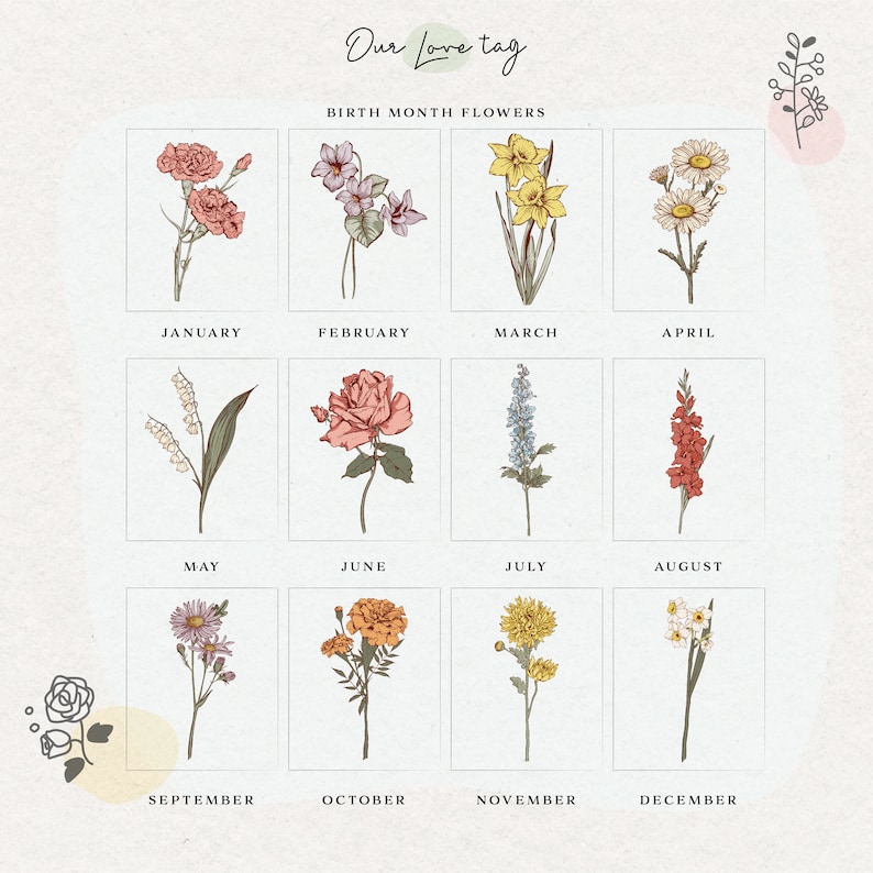 Puede incluir: Una impresi&oacute;n decorativa con flores de nacimiento. Cada mes est&aacute; representado por una ilustraci&oacute;n floral diferente, incluyendo claveles, violetas, narcisos, margaritas, lirios de los valles, rosas, delfinios, gladiolos, &aacute;steres, cal&eacute;ndulas, crisantemos y narcisos.