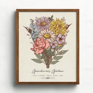 Puede incluir: Impresi&oacute;n enmarcada de un ramo floral colorido con flores rosas, amarillas, moradas y azules. El texto "Grandma's Garden" est&aacute; debajo, con nombres. El marco es marr&oacute;n.