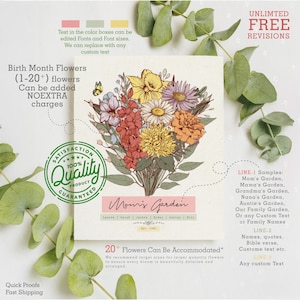 Puede incluir: Una impresi&oacute;n art&iacute;stica floral con un ramo de flores coloridas, incluyendo margaritas y cal&eacute;ndulas. La impresi&oacute;n incluye el texto "Mom's Garden" y los nombres de los miembros de la familia. El dise&ntilde;o tambi&eacute;n incluye el texto "Quality Product Guaranteed".