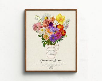 May include: A framed print featuring a vibrant bouquet of flowers in a white pitcher. The bouquet includes pink roses, yellow daffodils, and purple asters. Text reads "Grandma's Garden" and includes names and a date.