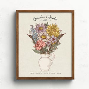 Puede incluir: Impresi&oacute;n enmarcada de un ramo floral en una jarra blanca. El ramo incluye rosas rosas, crisantemos amarillos y delfinios azules. El texto "Grandma's Garden" est&aacute; en la parte superior, con nombres debajo.