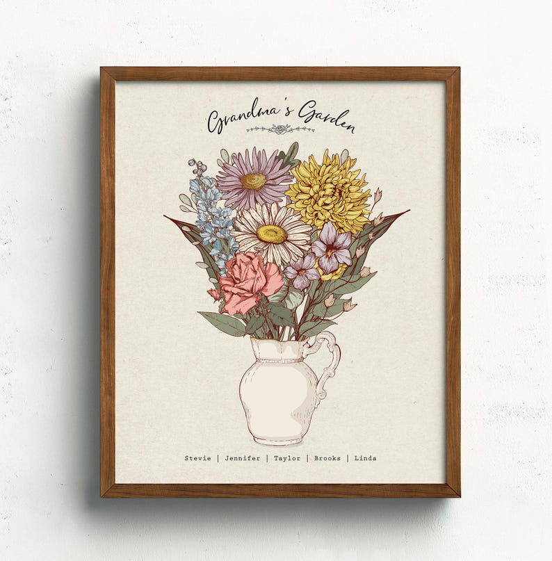 Puede incluir: Impresi&oacute;n enmarcada de un ramo floral en una jarra blanca. El ramo incluye rosas rosas, crisantemos amarillos y delfinios azules. El texto "Grandma's Garden" est&aacute; en la parte superior, con nombres debajo.