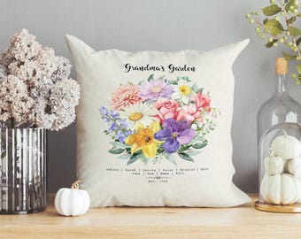 Custom Grandma's Garden Pillow, Personalized Birthflower Pillow, Grandmas Garden Pillow with Grandkids, Gift for Grandma, Mom Christmas Gift