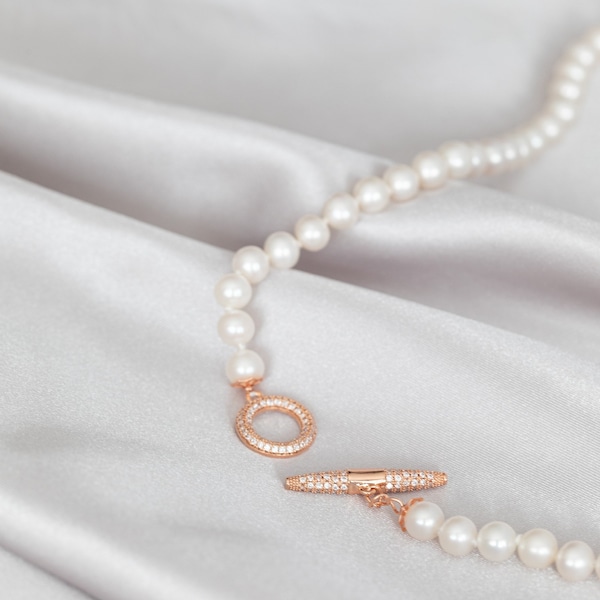 Rose Gold Toggle Clasp Necklace, Pearl Necklace, Toggle Clasp Choker, Pearl Necklace