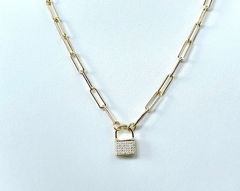 Gold Paperclip Chain and Lock Necklace, Padlock Necklace, Gold Lock Necklace, Minimalist Necklace
