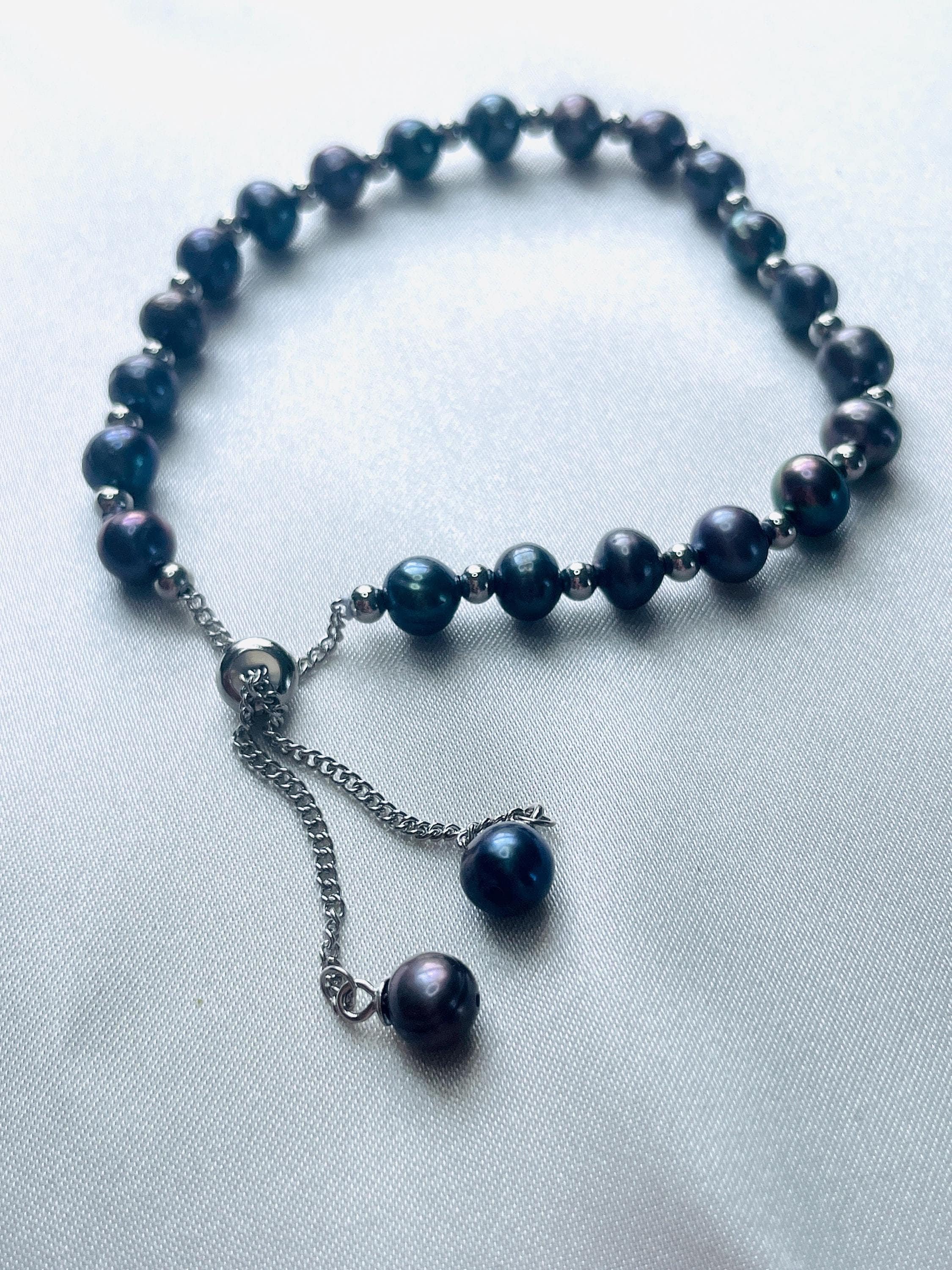 Adjustable Black Pearl Bracelet Silver