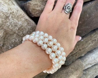 White Pearl Bracelets, Real Pearls, Single Row Bracelet,Stretch Bracelet for Wedding/Bridal Party/ Bride’s Accessories, Large pearl bracelet