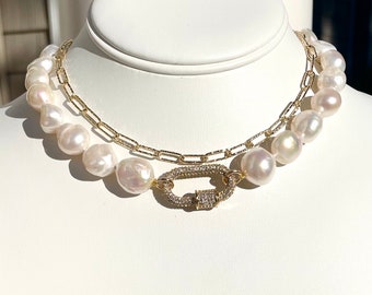 Carabiner Pearl Necklace, Gold Lock Necklace, Gold Chunky Pearl Necklace, Statement Necklace, Natural Pearl Necklace, Irregular Shape Choker