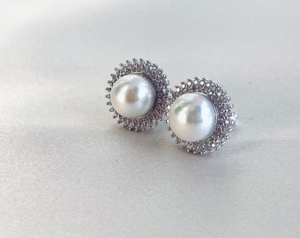 Swarovski Crystal Pearl Earrings, Silver Earrings, Small Pearl Studs,Real Pearl Earrings,Fresh Water Pearls, Anniversary Gift, Wedding Jewe