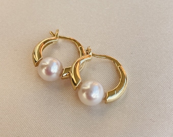 Pearl Hoop Earrings Silver, Gold