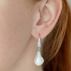 Baroque Pearl Earrings, Silver Pearl Earrings, CZ Silver Pearl Earrings, Pearl Earrings Dangle