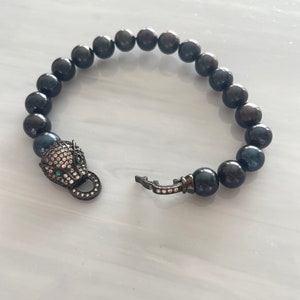 Black Panther Bracelet, Men’s Black Pearl Bracelet, Handmade Pearl Jewelry, Men’s Jewelry, Gift for Boyfriend