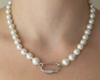 18” inches long Carabiner Pearl Necklace, Pave’ Lock Necklace, Genuine Pearl Necklace, Screw Lock Necklace, Gift for Her