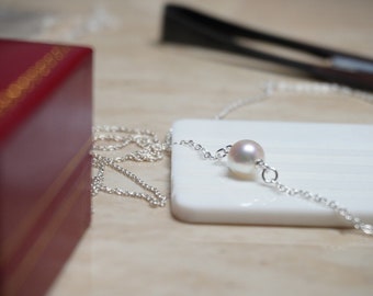 Floating Pearl Necklace, Japanese Akoya Pearl, Real AAA Quality Pearl, Pearl on Silver Chain