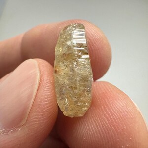May include: A raw, natural, light-yellow crystal with a textured surface. The crystal is held between fingers, showcasing its elongated shape and natural facets. The crystal's color ranges from pale yellow to a golden hue.