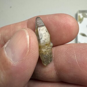May include: A small, elongated, translucent crystal with a pointed tip and a faceted, pale greyish-brown surface. The crystal exhibits natural striations and irregular textures along its length, showing a mix of clear and opaque mineral sections.