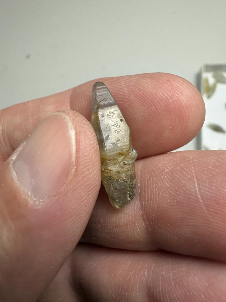 May include: A small, elongated, translucent crystal with a pointed tip and a faceted, pale greyish-brown surface. The crystal exhibits natural striations and irregular textures along its length, showing a mix of clear and opaque mineral sections.