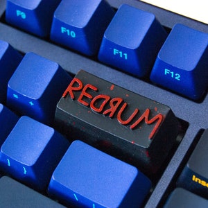 May include: A black keyboard with blue keys and a single red key with the word "REDЯUM" printed on it in red.
