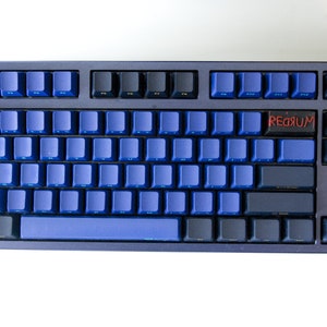 May include: A black and blue mechanical keyboard with blue keycaps and a black keycap with the word "REDRUM" written in red.