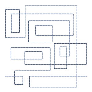 May include: Abstract geometric design featuring interconnected rectangles and squares in a dark blue, dashed line style against a white background. The design has a modern, minimalist aesthetic.