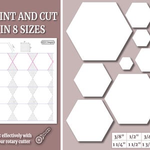 Peut inclure: Impression numérique avec le texte "PRINT AND CUT IN 8 SIZES". L'image montre une grille avec des formes hexagonales et une variété de tailles hexagonales allant de 0,95 cm à 5,08 cm. Le texte "Cut effectively with your rotary cutter" est également inclus.