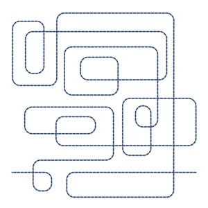 May include: Abstract geometric design on a white background. The design features a series of interconnected, navy blue, dashed-line rectangles and rounded rectangles, creating a complex, overlapping pattern. The lines vary in length and direction.