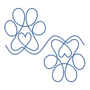 May include: Blue line art of two paw prints with hearts in the center, connected by a curved line. The design is on a white background. The paw prints are made of connected loops.