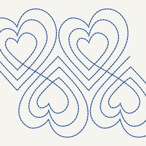 May include: A repeating pattern of four blue heart shapes on a cream background. Each heart is outlined with a dashed line, creating a layered effect. The design has a simple, elegant aesthetic.