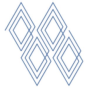 May include: A geometric design featuring four overlapping blue diamond shapes on a white background. Each diamond is outlined with a series of parallel lines, creating a textured effect. The design is simple yet visually appealing.