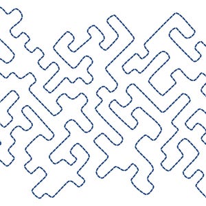 May include: Abstract geometric design composed of interconnected, dark blue dashed lines on a white background. The pattern features a complex, maze-like structure with rounded corners and varying line thicknesses, creating a visually engaging composition.