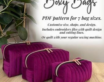 Boxy Bag PDF Sewing Pattern, Quilted Makeup Bags in 7 Stackable Sizes, Optional Embroidery Quilting Files, Tips on Customizing & Decorations