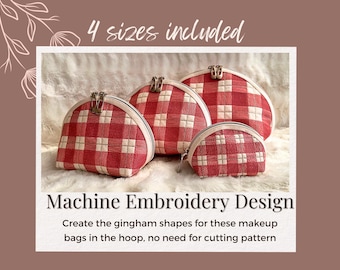 Partly ITH Gingham Cosmetic Pouch – Machine Embroidery Design for Makeup Bag, 4 Sizes (Digital Download) (Constructed by Ordinary Sewing)